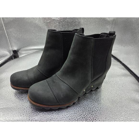 Sorel Shoes Lea Ankle Boots Green/Gray Wedge Heels Leather Cap Toe Pull Ons 9.5 - Picture 1 of 9